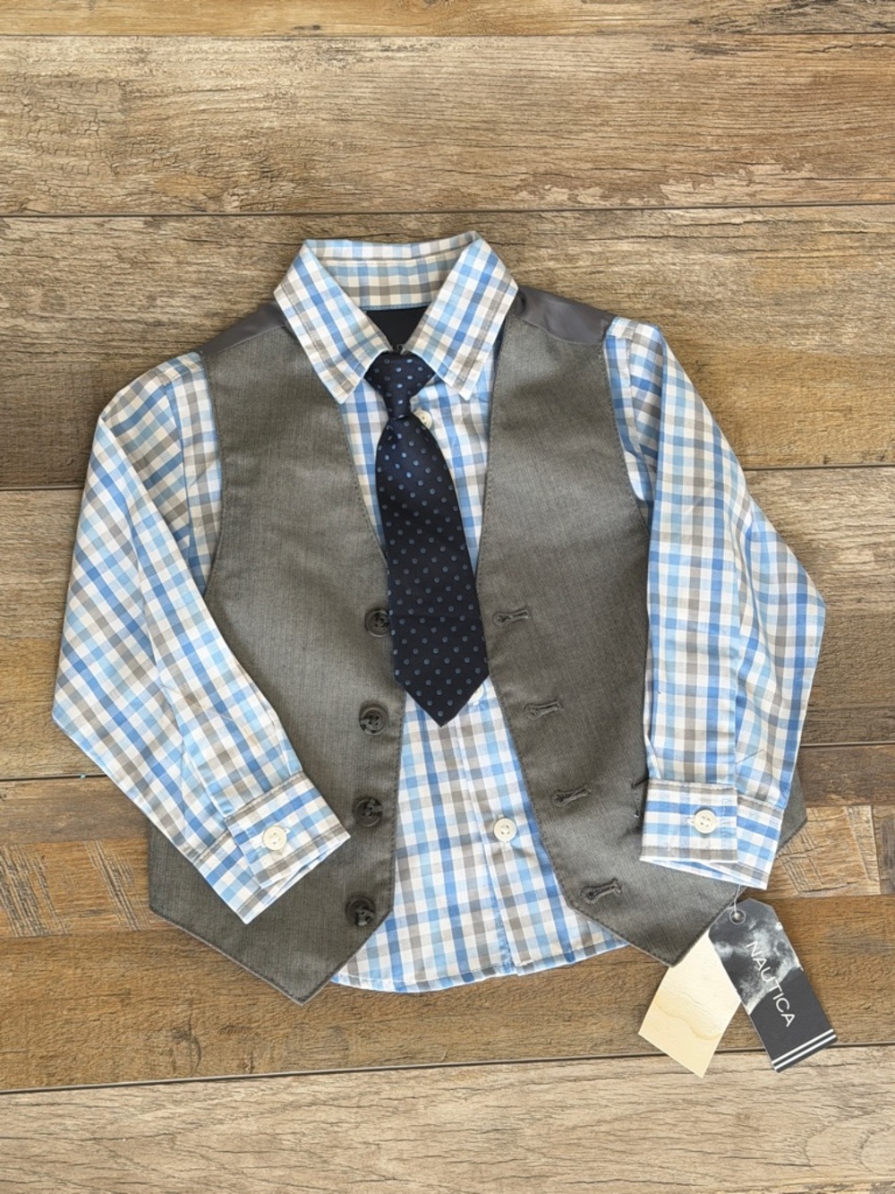 Nautica Boys Blue & White Plaid Shirt with Gray Vest and Navy Tie 18 Months
